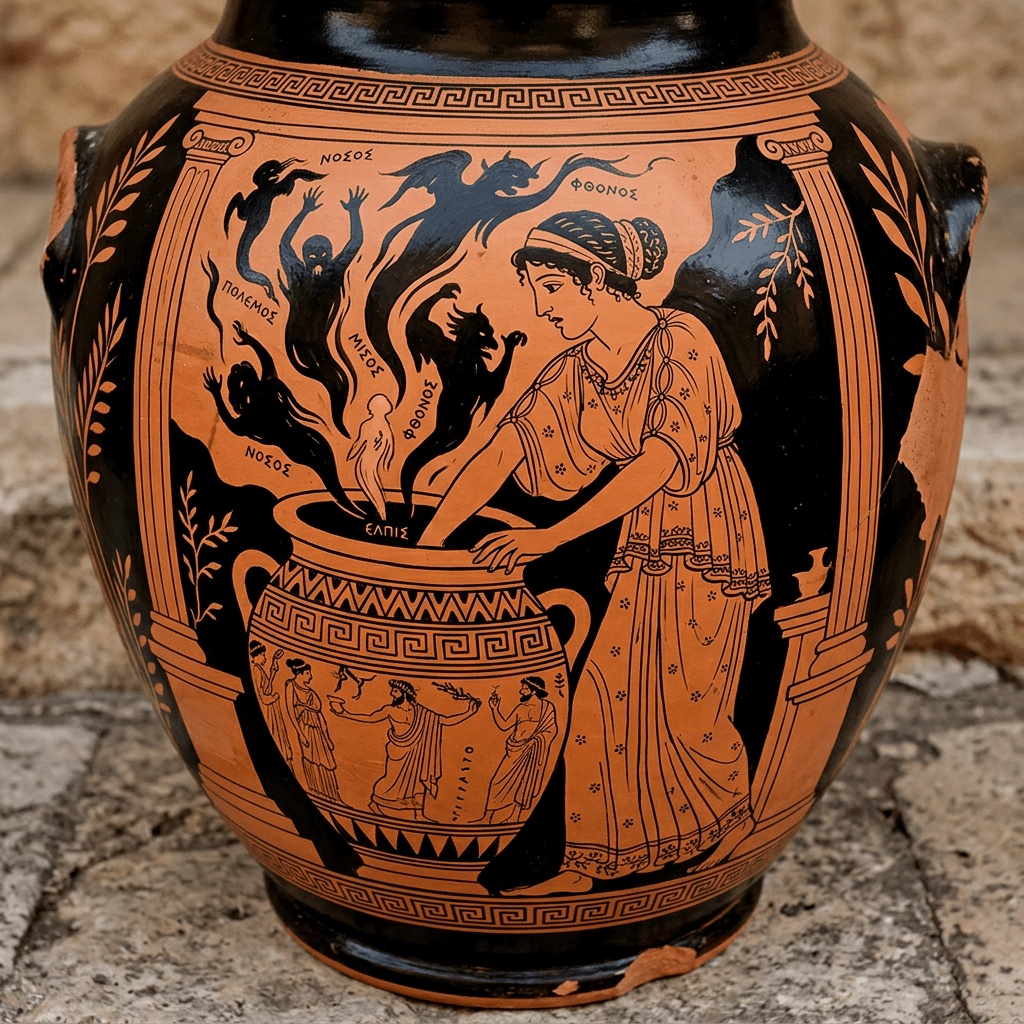 Ancient Greek vase showing a woman opening a jar with dark spirits emerging, labeled with Greek words